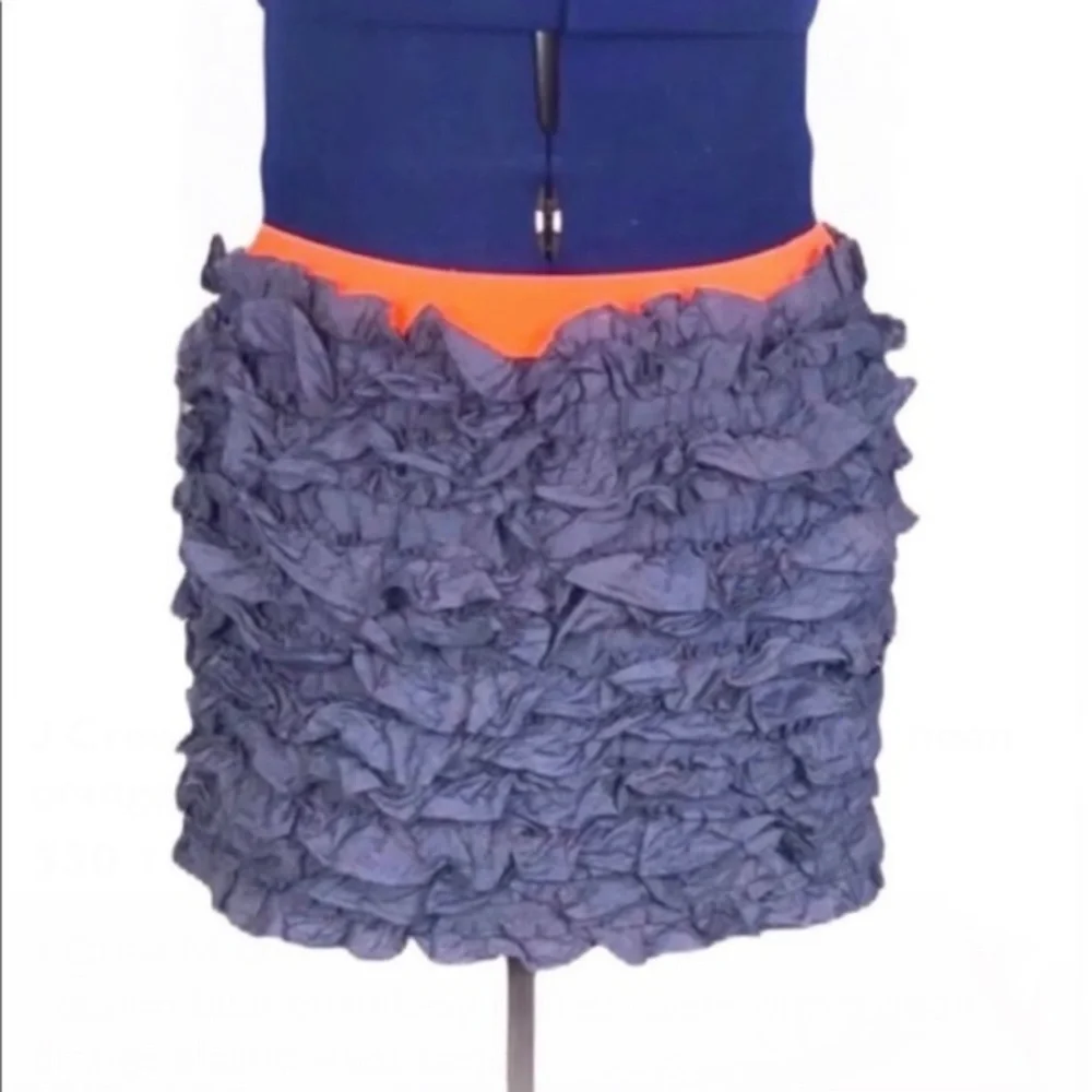 J. Crew M denim chambray ruffled layers neon orange‎ waistband 100% cotton skirt